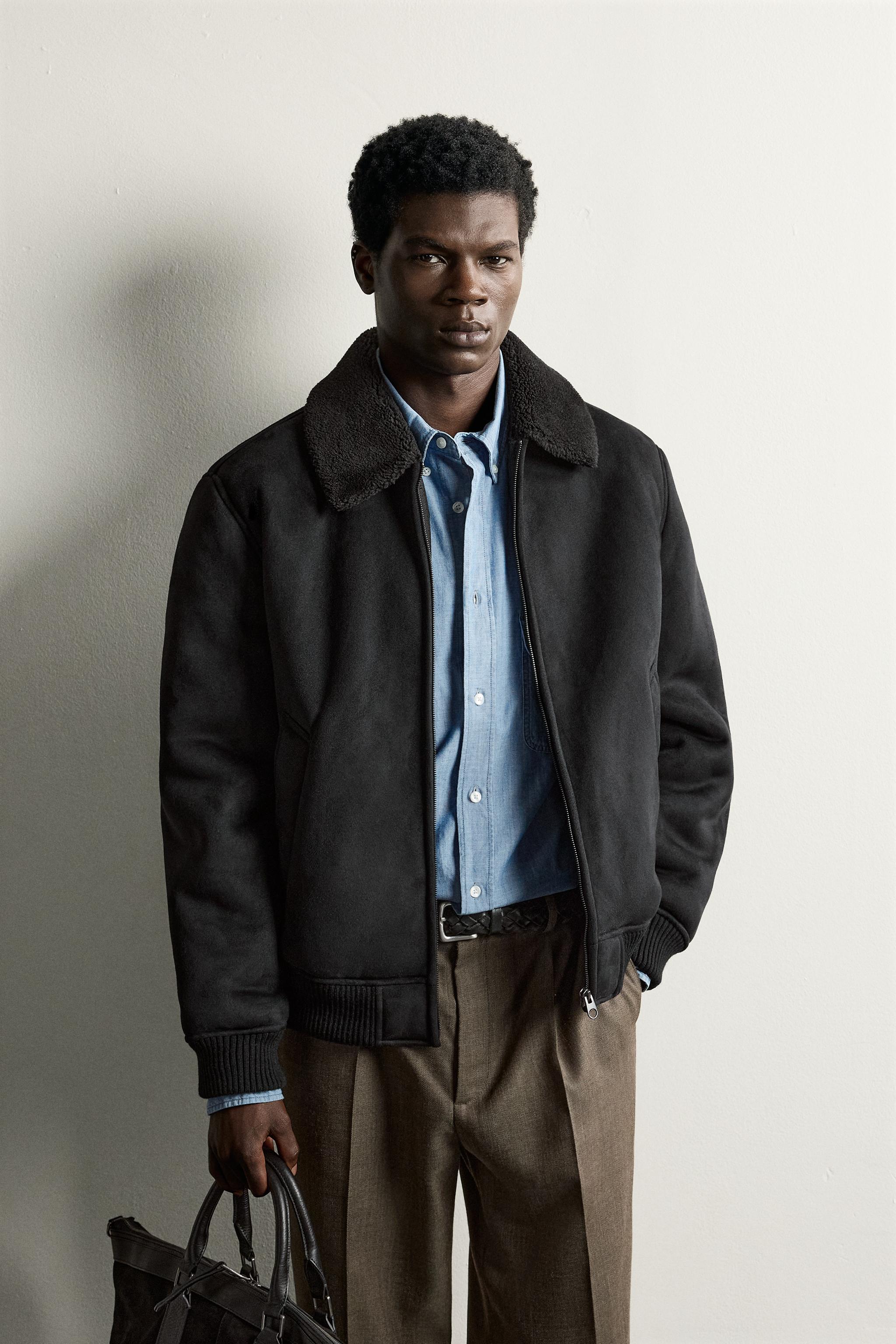 CONTRAST FAUX-SHEARLING FAUX LEATHER-EFFECT JACKET